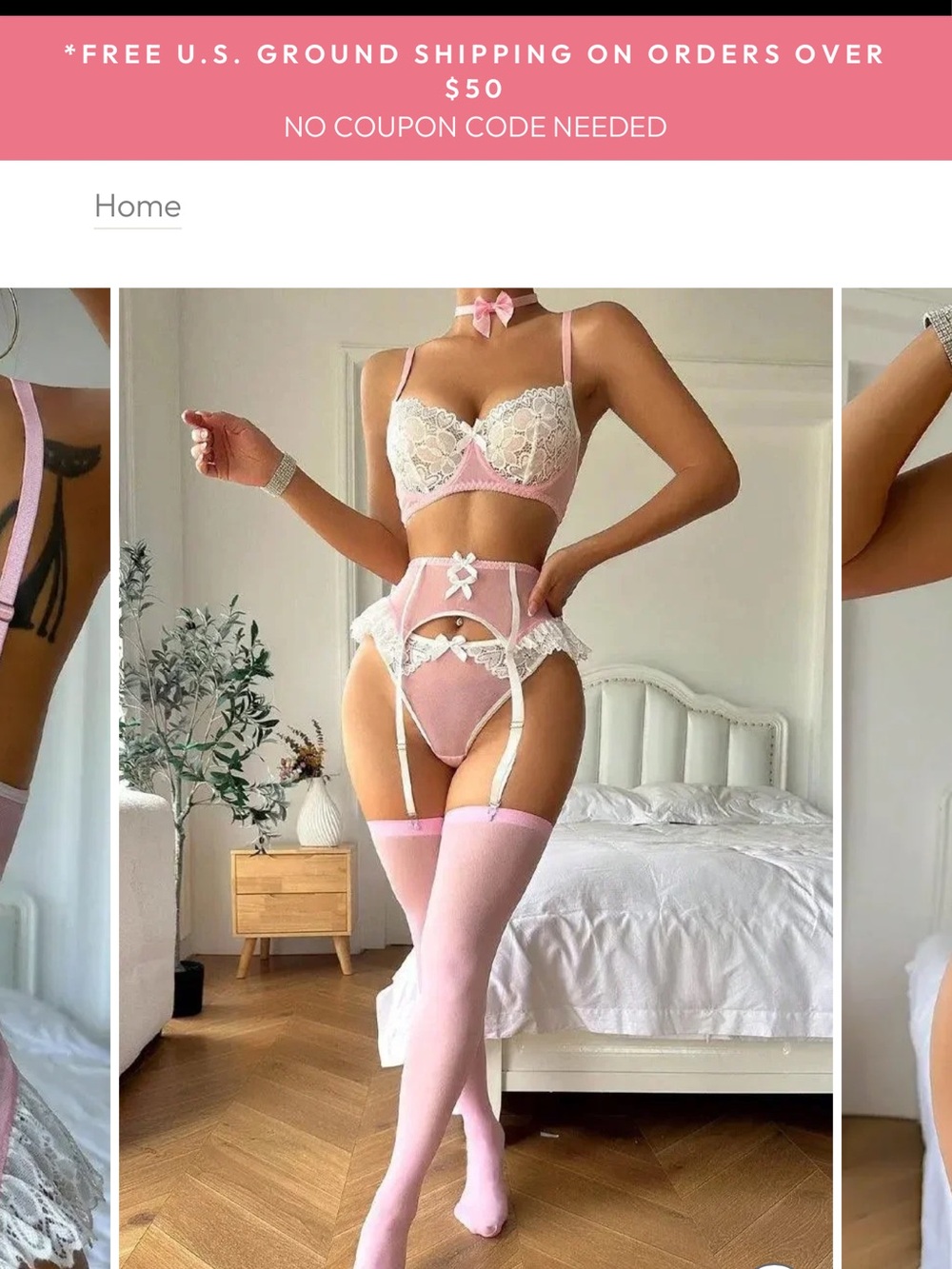 PINK WHITE MESH LACE BRA GARTER THONG CHOKER LINGERIE SET W669